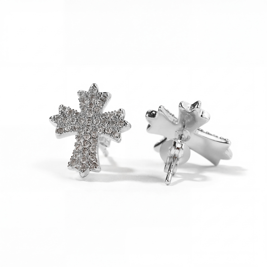 ICED OUT CROSS EARRING IN SILVER
