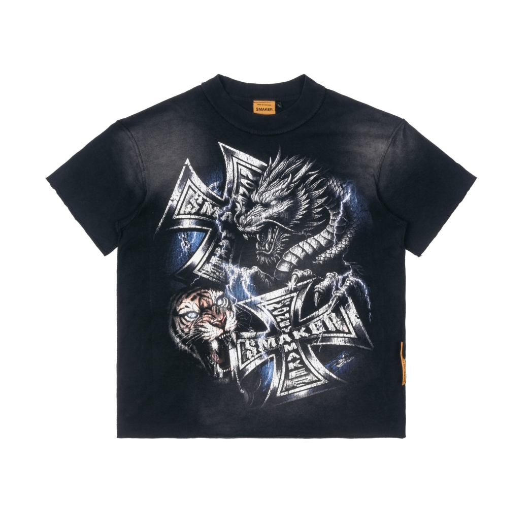 DRAGON TIGER WASHED TEE IN BLACK