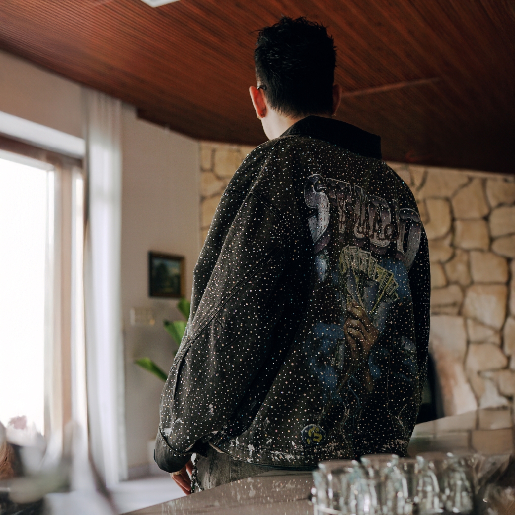 $MAKER $TUDIO $WAROVSKI WASHED WORKER JACKET IN GREY