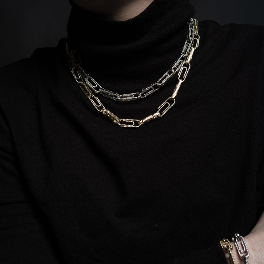 ICED OUT PAPER CLIP NECKLACE IN GOLD/SILVER