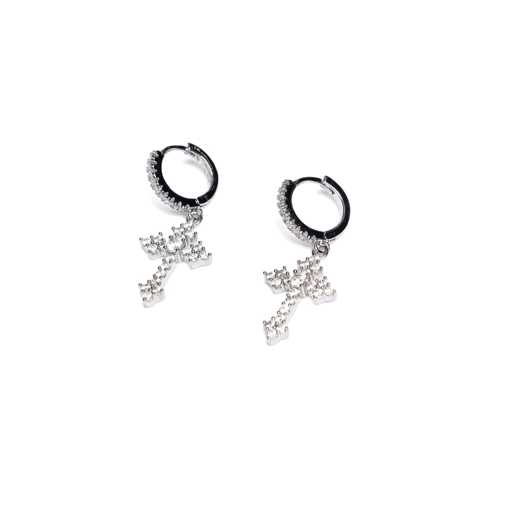 ICED OUT RING CROSS EARRING IN SILVER