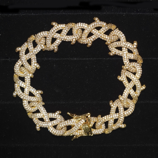 ICED OUT "FISHBONE" LINK BRACELET IN GOLD