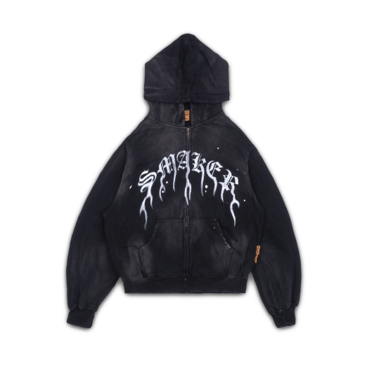 FLAME $MAKER WASHED ZIP HOODIE IN BLACK