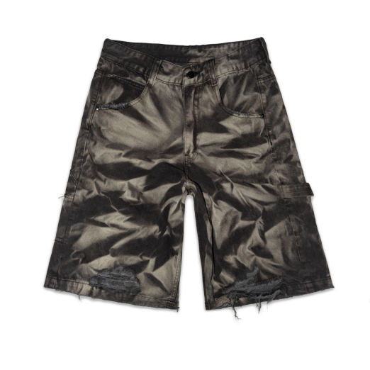 WRINKLE WASHED BAGGY SHORT JEANS IN GREY