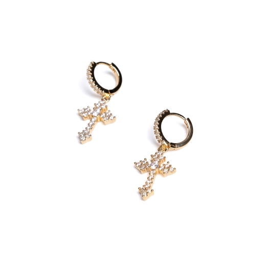 ICED OUT RING CROSS EARRING IN GOLD